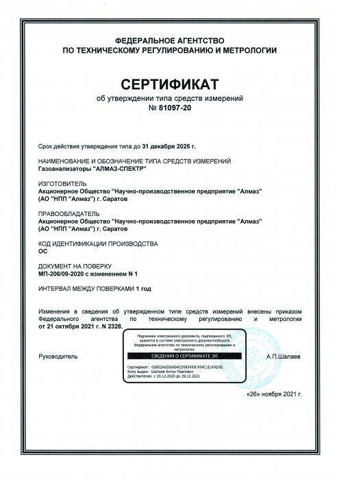 Свидетельство об утверждении типа средств измерений "Алмаз-Спектр"