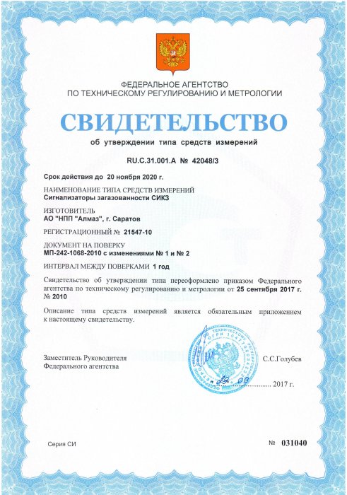Свидетельство об утверждении типа средств измерений СИКЗ 